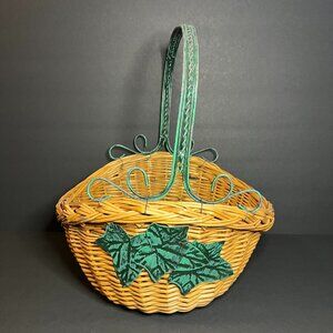 Vintage Woven Wicker & Metal Leaf Pattern Decorative Basket w/ Handle 13 x 11"